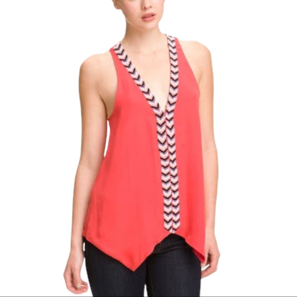 Parker Womens Beaded Chevron Motif Trim Silk Top S